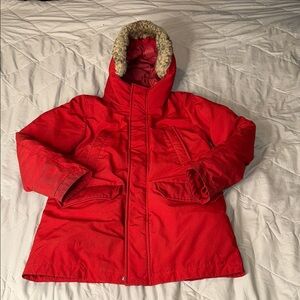 Red Hooded Winter Coat with Faux Fur Trim